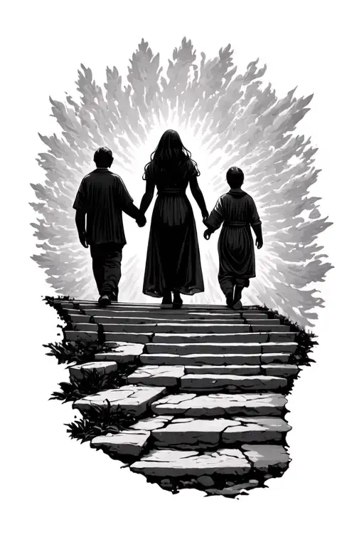 Winding Staircase Into Heaven With Mom And Son Walking Hand In Hand To Heaven