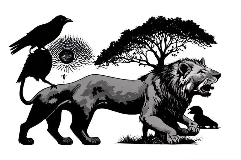 A Lion A Hyena A Crow The Sun And Trees