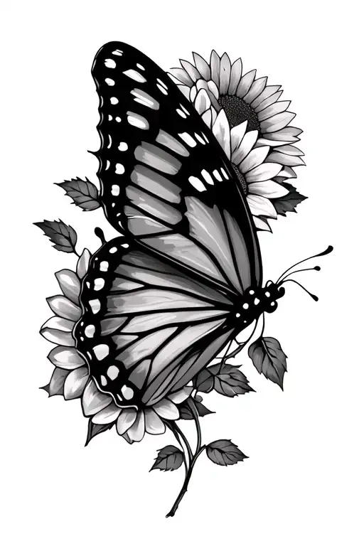 Butterfly With A Broken Wing And Semi Colon Body Surrounded By Roses And Sunflowers