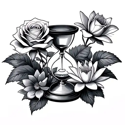 Hour Glass With Rose And Water Lily And Violet Flower