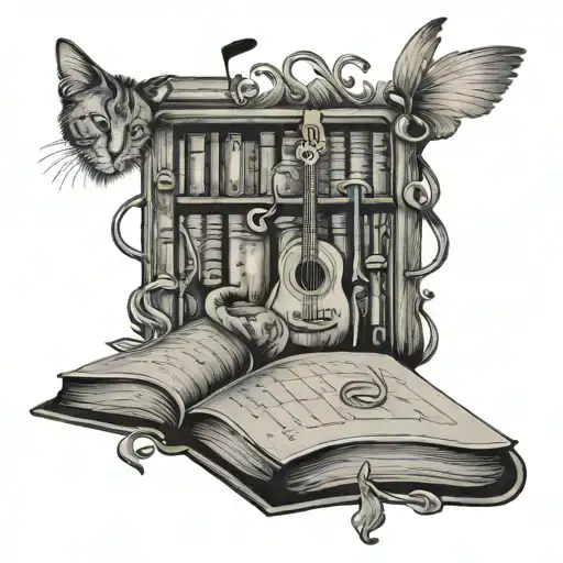 A Tattoo Design Of A Book With Music Notes As The Pages And A Sleeping Cat On Top