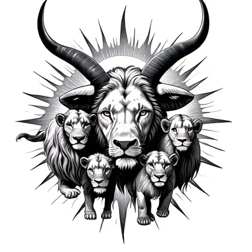 Taurus Bull Inside Sun Over Lion And 3 Cubs