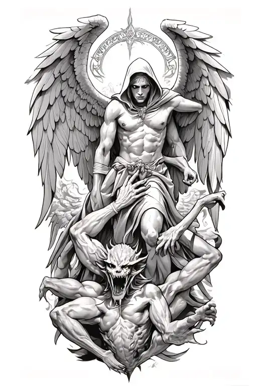 Hooded Arch Angel Defeating A Demon
