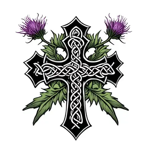 Celtic Cross Intertwined With Scottish Thistle