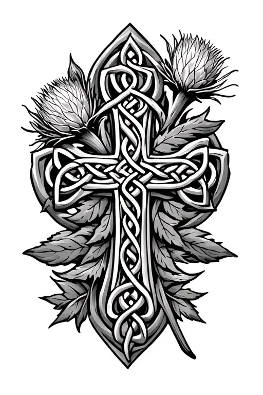 Celtic Cross Intertwined With Scottish Thistle