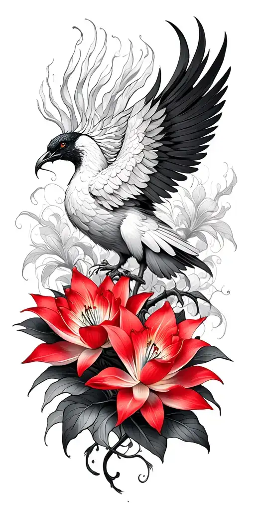 Multiple Fine Line Lotus And Red Lilly Flowers And Phoenix Intertwined Full Black