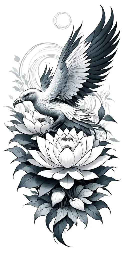 Multiple Fine Line Lotus Flowers And Phoenix Intertwined
