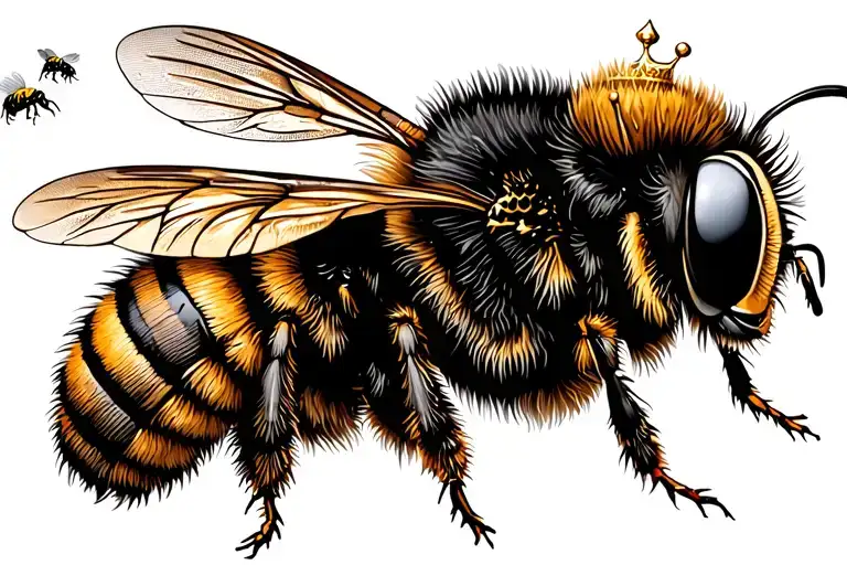 Bee With Crown With 3 Little Bees Flying