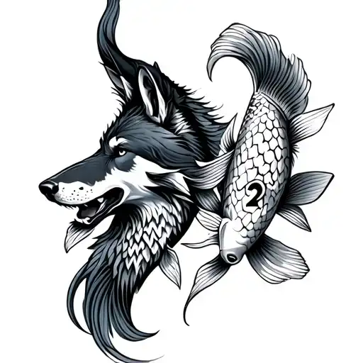 Two Lines Or Wolves's Heads And Number 2 Koi Fish