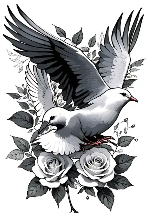 Flying Doves With Rose Surrounding Leaves