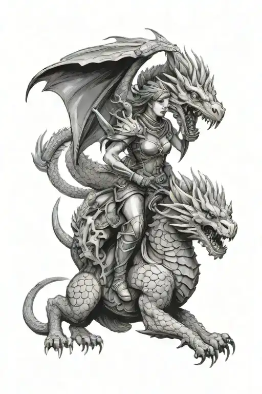 Bone Dragon With Attractive Female Soldier Riding It Fighting A Female Griffin Rider