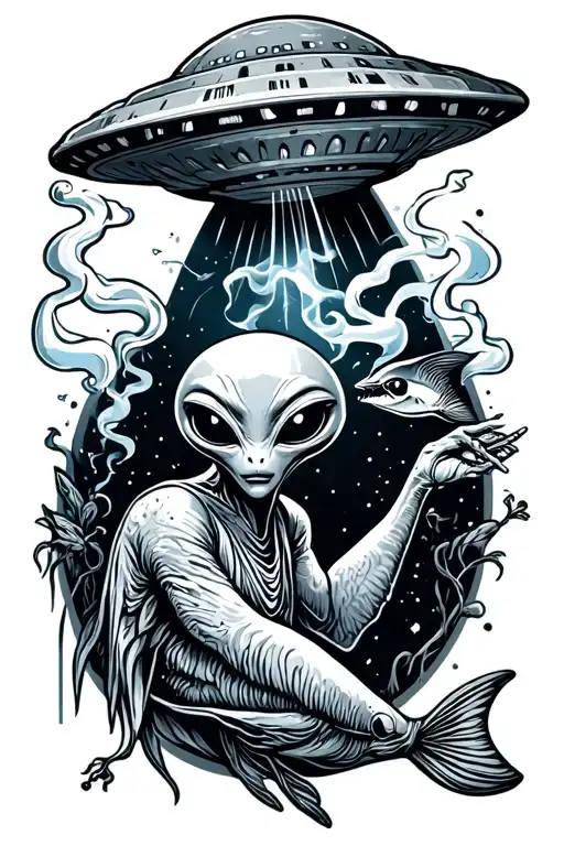 Pisces Aliens Smoking Joint Flying Ufo Beaming