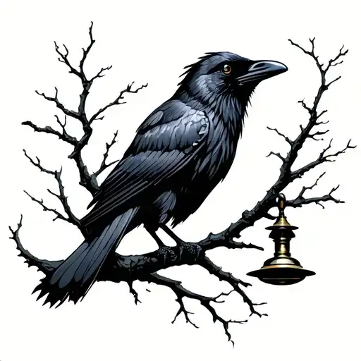 Crow Holding Oil Lamp In Tree