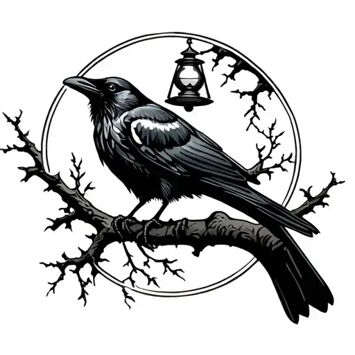 Crow Holding Oil Lamp On Tree Branch