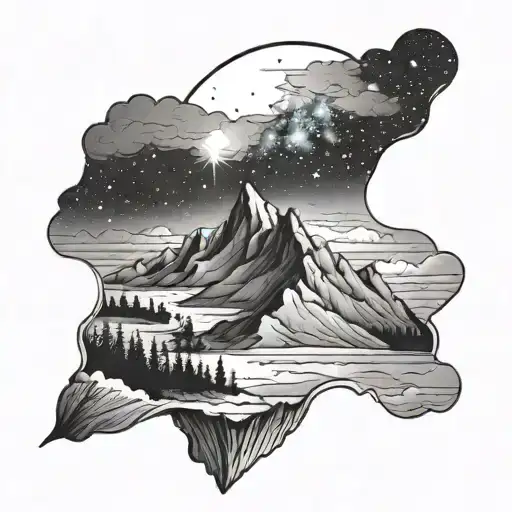 Mountain Landscape With A Beach At The Base And A Galaxy Sky Above