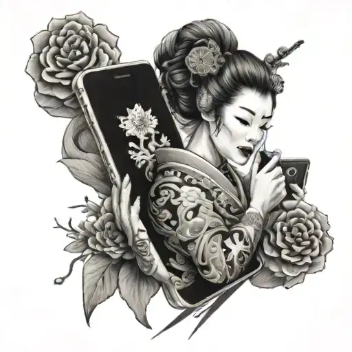 A Fusion Of Old And New Japan With A Tech-themed Tattoo Of A Geisha Holding A Smartphone