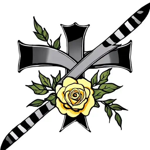 Black And Gray Cross With 2 Ribbons And Yellow Rose