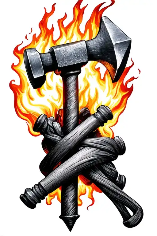 Nine Inch Hammer Nails Together Tied Together On Fire