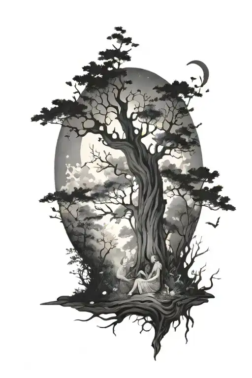 A Magical Moonlit Forest With Feminine Figures Reading