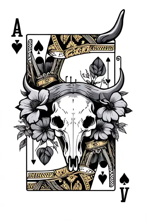 Flowers With Bull Skull With King Playing Card Featuring
