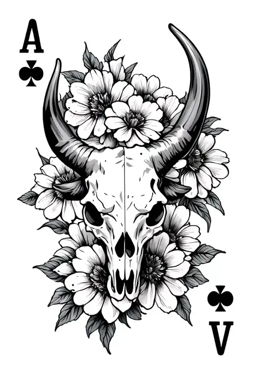 Flowers With Bull Skull With Small Set Of Playing Cards