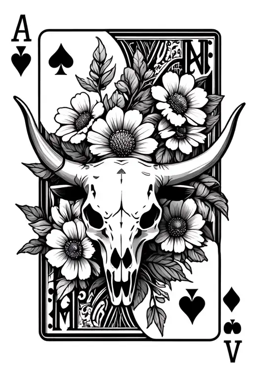 Wild Flowers With Bull Skull With Small Set Of Playing Cards King