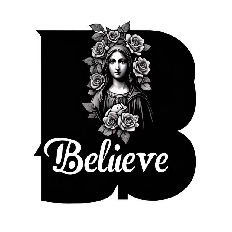 The Word Believe Written With The Madonna Imbedded In The Letter B And Small Roses