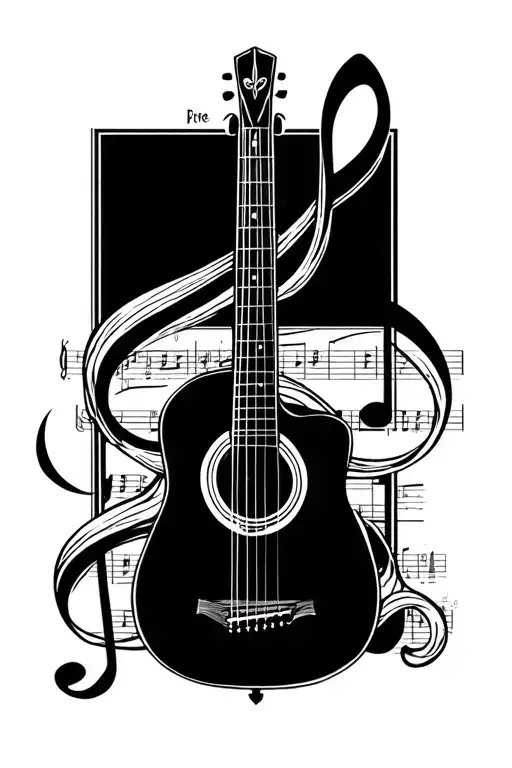Acoustic Guitar With Treble Clef And Sheet Music Intertwined