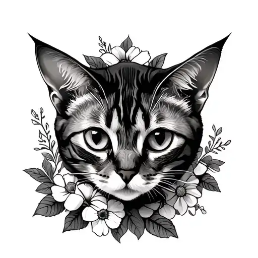 Abyssinian Cat With Flowers Surrounding