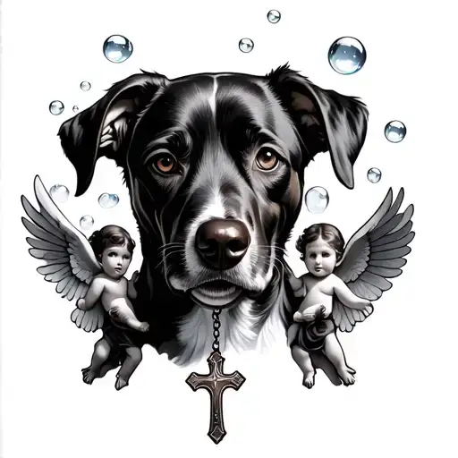 Dog With Bubbles And A Couple Angels Around It With Cross Hanging From Mouth