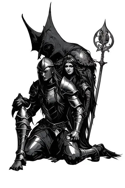 A Knight In Black Armour Kneeling Before A Goddess