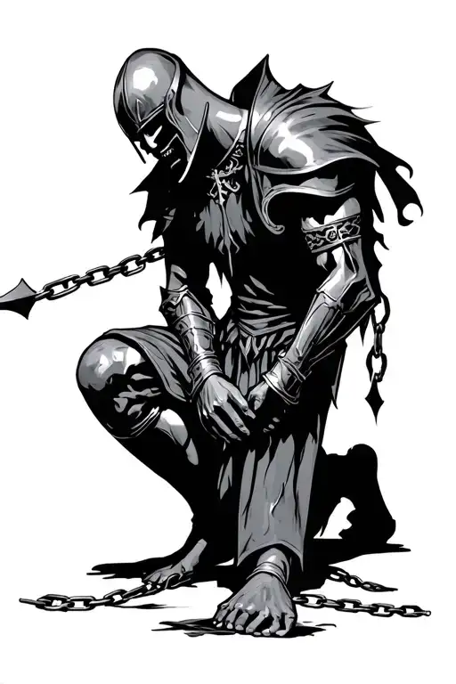 A Dark Desolate Knight On Knees Chained Down Hands