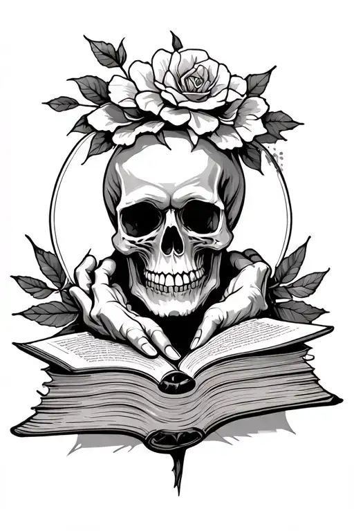 Skull Hand Holding Open Book Surrounded