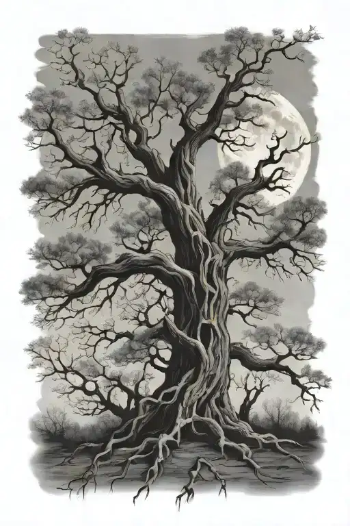 Dead Oak Tree With A Moon Back Drop Plaque On Tree For Names