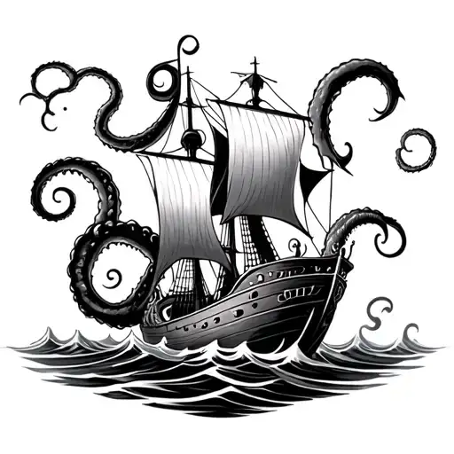 Kraken Immerging From Water Grabbing Sail Boat Sailing