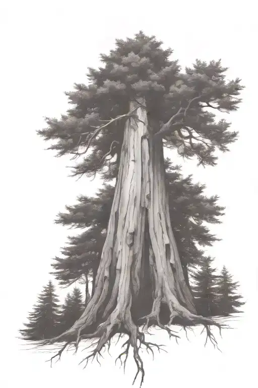 Redwood Forest Looking Up From Ground With Roots