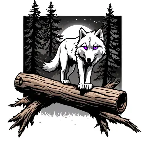 White Wolf With Purple Eyes Climbing Over A Log In A Forest With The Moon In The Background
