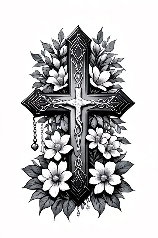 Cross Surrounded With Flowers And Rosary