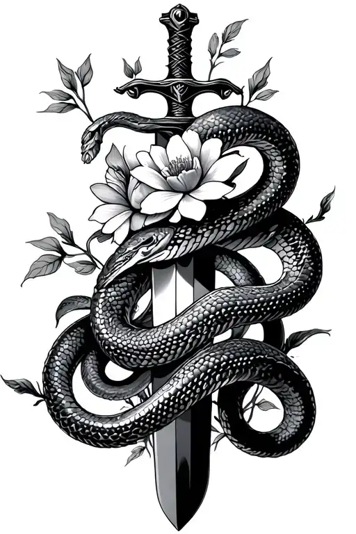 Snakes Wrapped Around A Sword With Flowers Growing