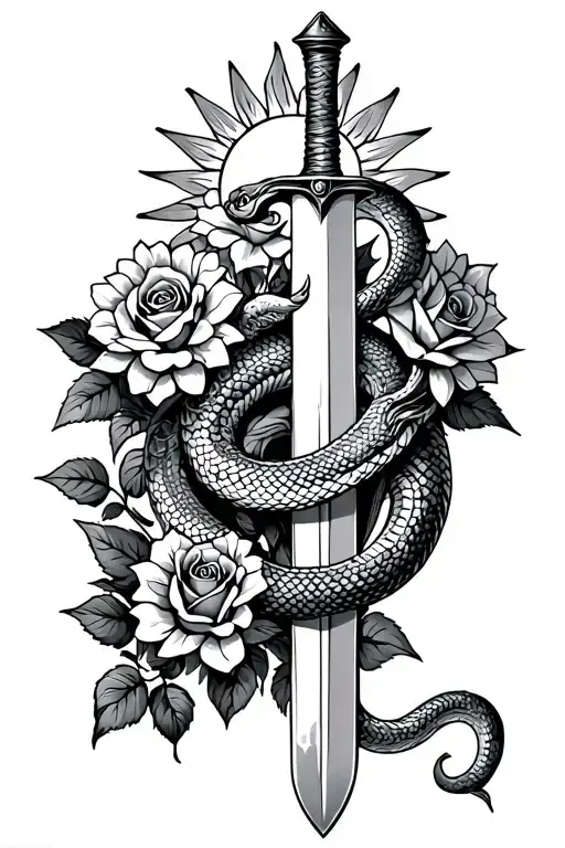 Snakes Wrapped Around A Sword With Sun Flowers And Roses Growing