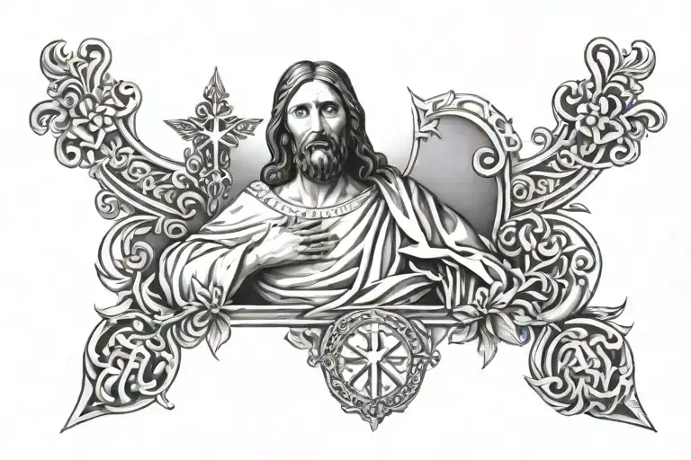 A Portrait Of Jesus Christ Surrounded By Symbols Representing Your Faith And Family