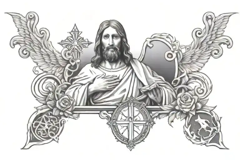 A Portrait Of Jesus Christ Surrounded By Symbols Representing Your Faith And Family