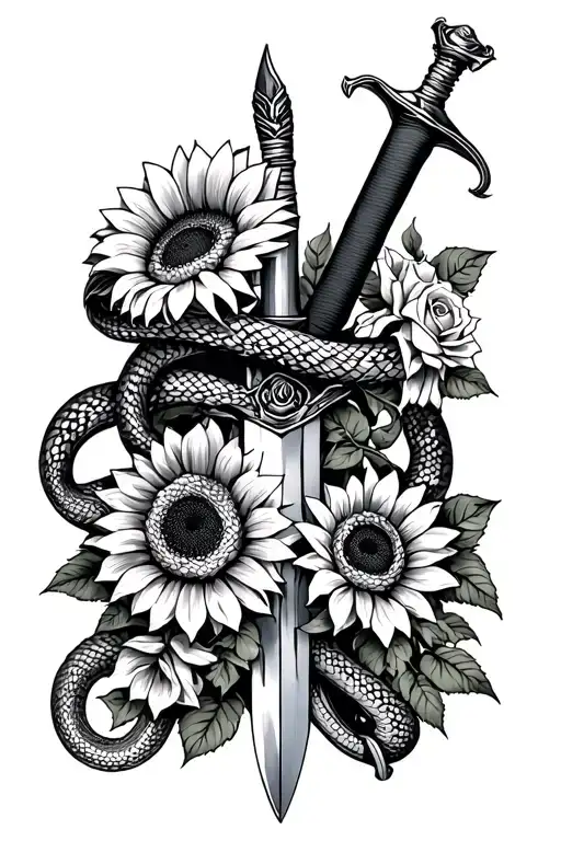 Snakes Wrapped Around A Sword With Sunflowers And Roses Growing
