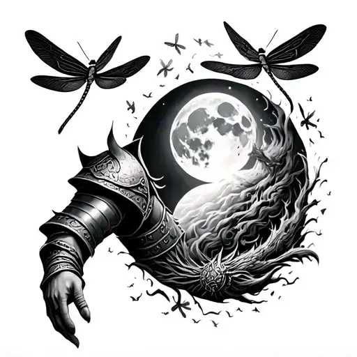 Viking Armor Half Sleeve With Full Moon On The Shoulder And Dragonflies All Around