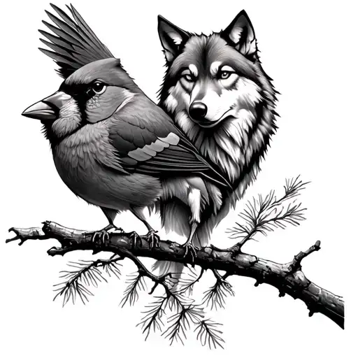 Wolf And Cardinal Perched