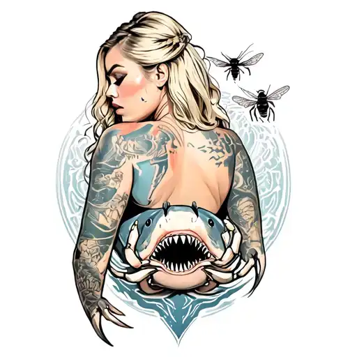 Blonde Woman Without Tattoos With Ass Out With Shark Crab And Bees