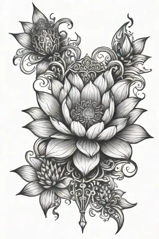 Lotus Flower With Crown And Dagger Going Through From Top To Bottom