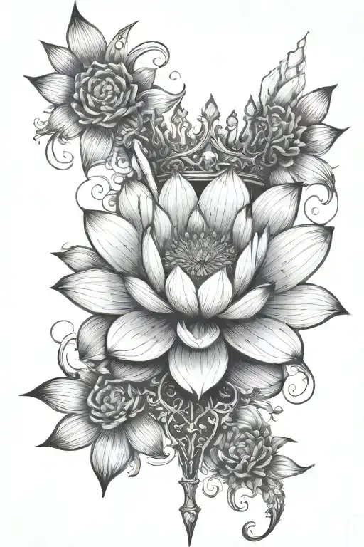 Lotus Flower With Crown And Dagger Going Through From Top To Bottom And Dagger Blade Showing On Top