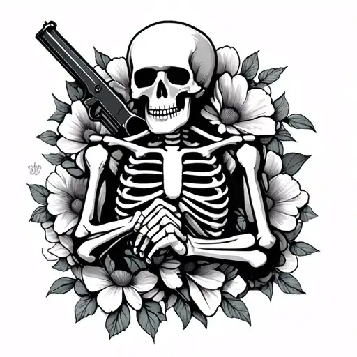 Skeleton Holding A Gun Infront Of His Body And Flowers Behind His Back