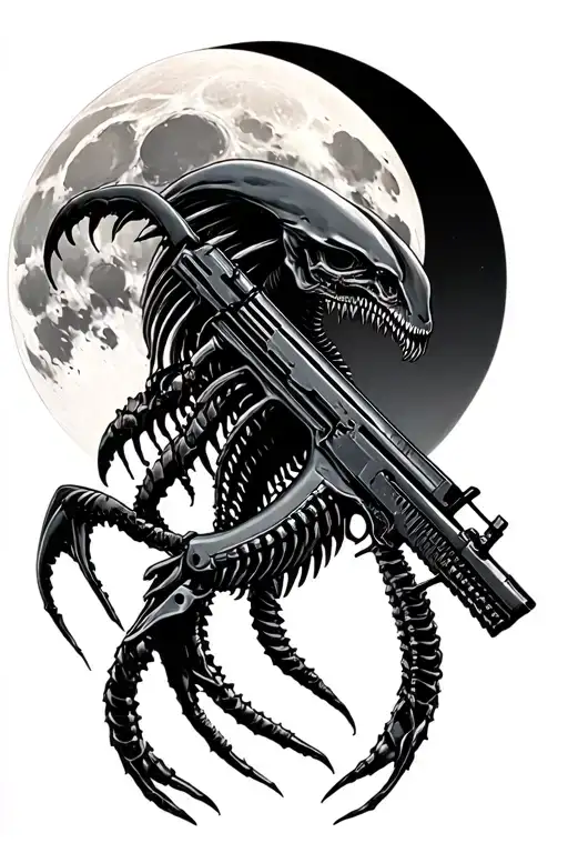 A Xenomorph Crossing A Ak47 Horizontally Spine Tattoo Featuring Moon